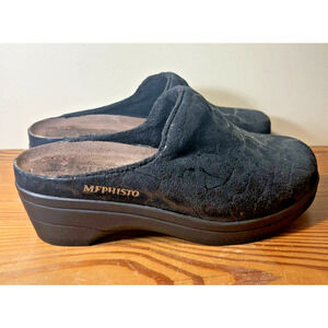 Women’s 5.5 36 Mephisto Metallic Black Satty Nubuck Suede Clogs Mules Slip Ons